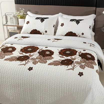 3pcs Brushed Floral Print Quilted Bedspread Set with Pillow Shams, Coffee Rose Design, Polyester Woven Coverlet Set with Polyester Filling, Machine Washable - Queen & King Sizes Available