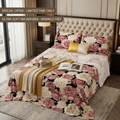 This Set of Four Peony-Patterned Fitted Sheets Is Crafted from Soft, Breathable Microfiber Material, Ensuring Comfort. It Comes with a Deep-Pocket Sheet, a Chic Bedspread, And Two Pillowcases. Perfect for a Family Bedroom
