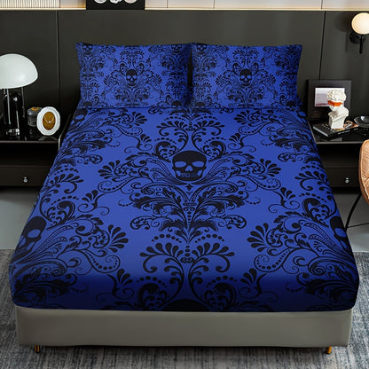 3pcs Fitted Sheet Set (1 Fitted Sheet + 2 Pillowcases, Pillow Core Not Included), Home Dormitory High-Definition Printed Skull Pattern