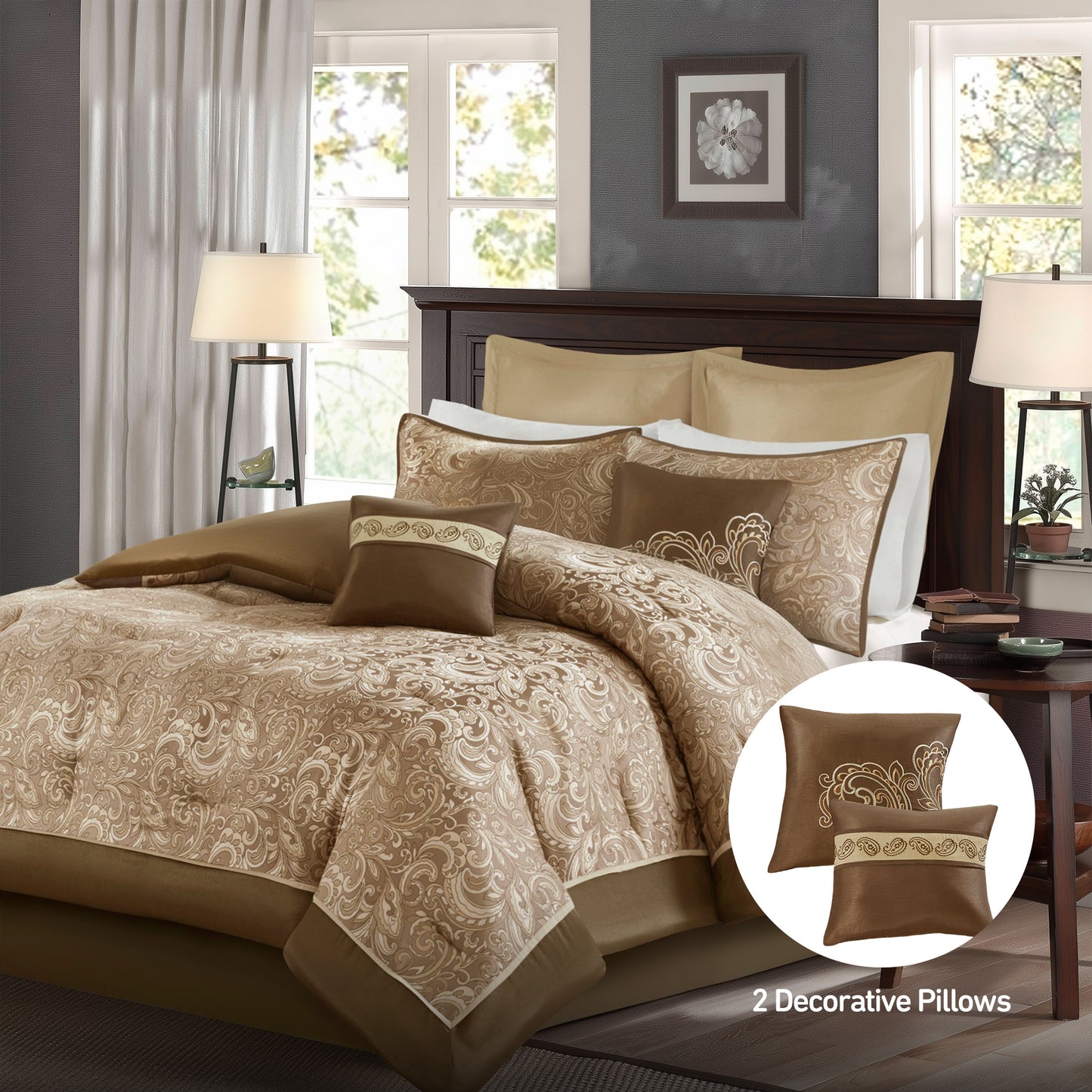 local warehouse 8 Piece Bedding Set with Lustrous Jacquard Paisley Pattern and Matching Bed Sheet, All-Season Down Alternative Comforter Set
