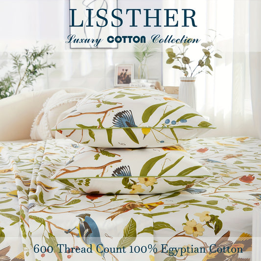 4pcs 600TC 100% Egyptian Cotton Fitted Sheet Set (1*Fitted Sheet + 1*Flat Sheet + 2*Pillowcase, Without Core), Luxury Vintage Bird And Colorful Floral Bedding Set, For Bedroom Guest Room All Seasons