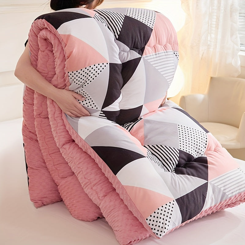 1pc Pink and Black Geometric Triangle Floral Pattern, Skin-Friendly Pea Coat Lining, High-Rebound Filling, Suitable for Autumn/Winter Use in Bedrooms, Guest Rooms, Offices, Travel, and as a Gift - Thick Quilt