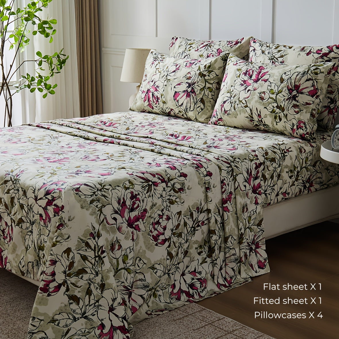 6pcs Large Bed Sheet Set - Floral Bed Sheet Set, Wrinkle-Resistant, Fade-Resistant, Bed Cover | with 18-Inch Deep Pockets, Soft, Comfortable, Breathable, Suitable for Bedrooms, Guest Rooms, 1 Flat Sheet, 1 Fitted Sheet, 4 Pillowcases