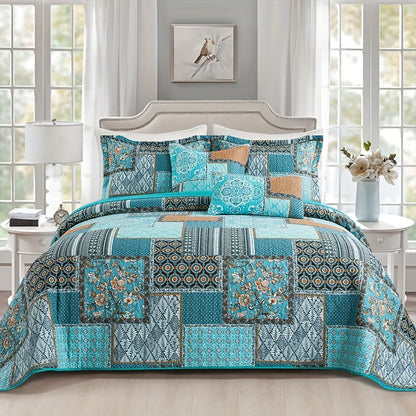 Lightweight Teal Cotton Quilt Comforter Set, Consisting of 3pcs Including 2 Pillowcases, Featuring a Reversible Turquoise Bedspread Suitable for All Seasons, Ideal for a Farmhouse Style