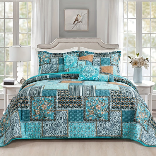 Lightweight Teal Cotton Quilt Comforter Set, Consisting of 3pcs Including 2 Pillowcases, Featuring a Reversible Turquoise Bedspread Suitable for All Seasons, Ideal for a Farmhouse Style