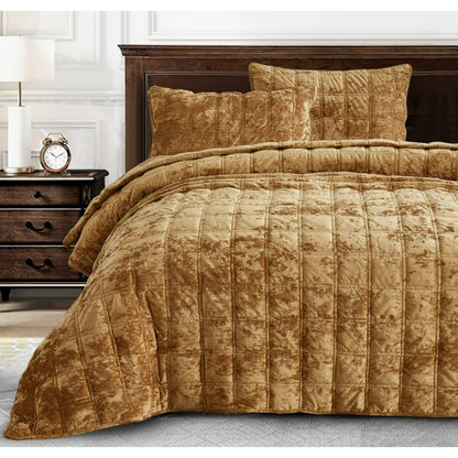 3-Piece Distressed Velvet Quilt Set, Piers Plush Velvet Bedspread Soft Washed Microfiber Reverse with Double Square Stitch Oversized King/King/Queen Size