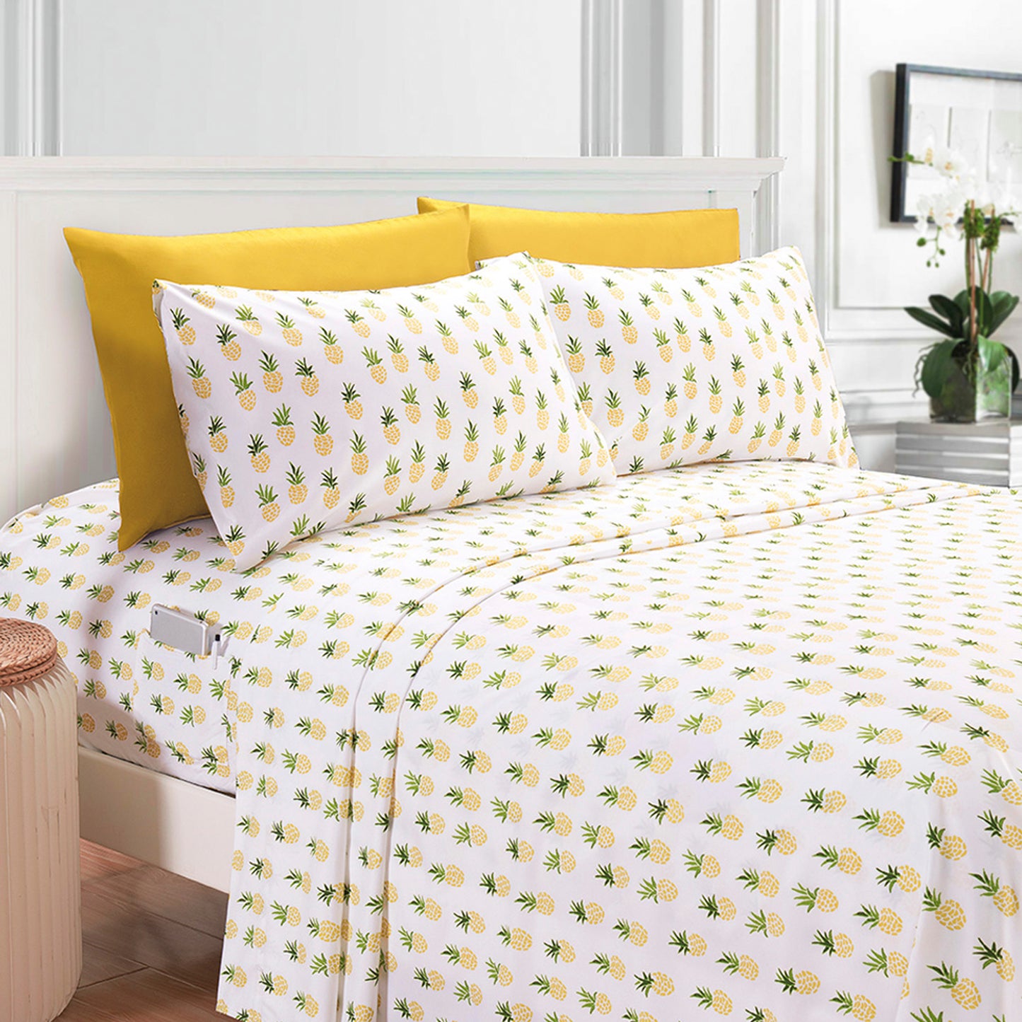 Elegant Comfort Luxury 4/6pcs Tropical, Flamingo, Pineapple and Palm Trees Sheet Set 16 Inch Deep Pockets - Ultra Soft Machine Washable Luxury 6-Piece Bed Sheet Set - Fade And Wrinkle Resistant Premium Hotel Quality Twin/Full/Queen/King Bedding Set- 6PC S