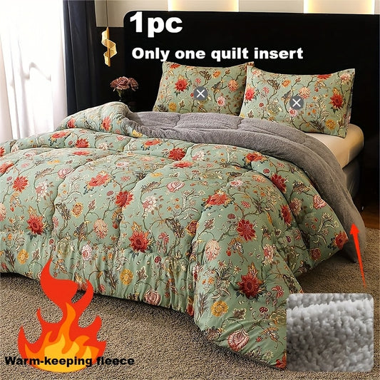 1pc/Solely 1pc Thick Quilt/Ivy Floral Warm Velvet Thick Quilt, with Fresh Mint Green Base, Covered in Colorful Floral Prints, Vintage And Romantic. Quilt Cover Features Light Gray Velvet Texture, Soft And Skin-Friendly Feel, High-Elastic Filling