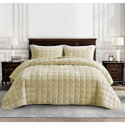 3-Piece Distressed Velvet Quilt Set, Piers Plush Velvet Bedspread Soft Washed Microfiber Reverse with Double Square Stitch Oversized King/King/Queen Size