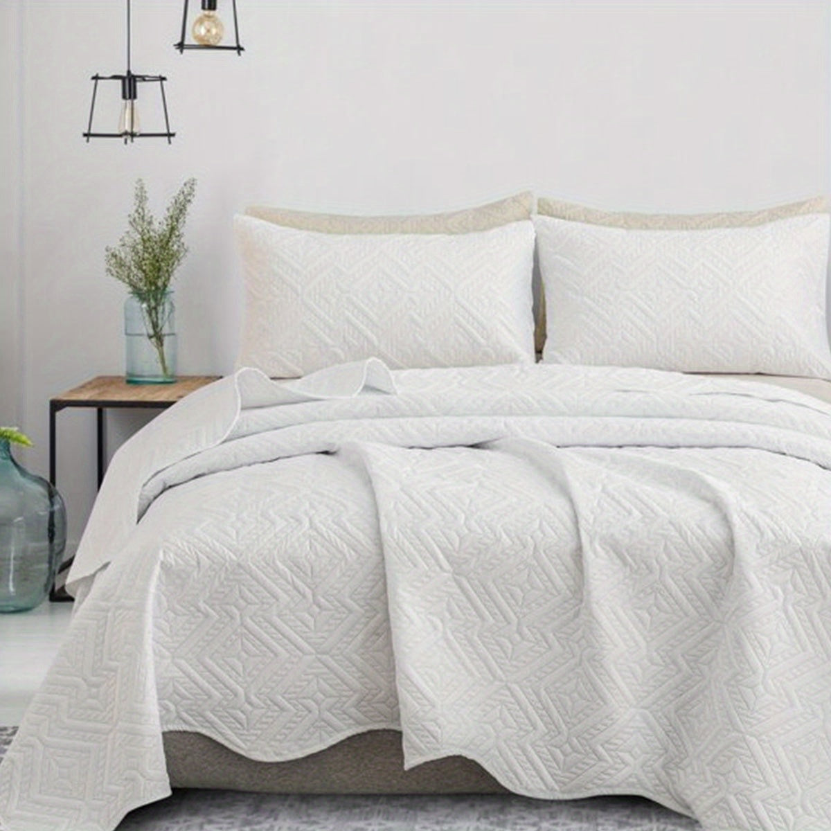 1pc Elegant Herringbone Quilted Bedspred - Soft, Breathable Polyester with Ruffle Detail, All-Season Coverlet for Modern Cabin Style Bedroom Decoration, Bed Decor