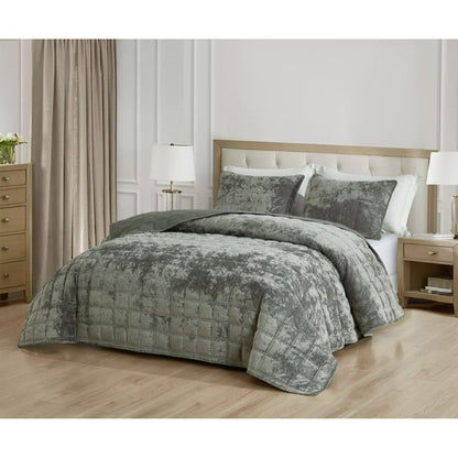 3-Piece Distressed Velvet Quilt Set, Piers Plush Velvet Bedspread Soft Washed Microfiber Reverse with Double Square Stitch Oversized King/King/Queen Size