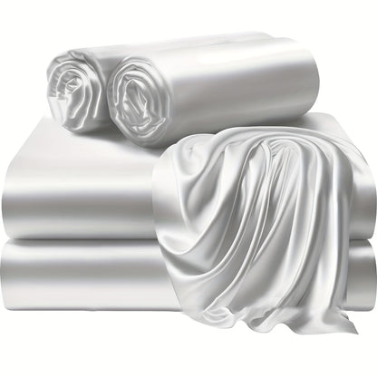 4pcs 100% Polyester 80G Satin Fitted Sheet Set [1 Fitted Sheet + 1 Flat Sheet + 2 Pillowcases (Without Inserts)] Soft Fabric Bedroom All-Season Versatile Style No Shrinkage No Pilling Machine Washable Light Luxury High-End Fitted Sheet Student Dormi