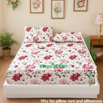 Polyester Smooth Skin-Friendly Single-Piece Fitted Sheet for King Queen Twin Size Beds with Elegant Floral Design, Red Pink Flowers Green Leaves Pattern, Ultra-Soft Breathable Bed Sheet for Cozy Bedroom Decor