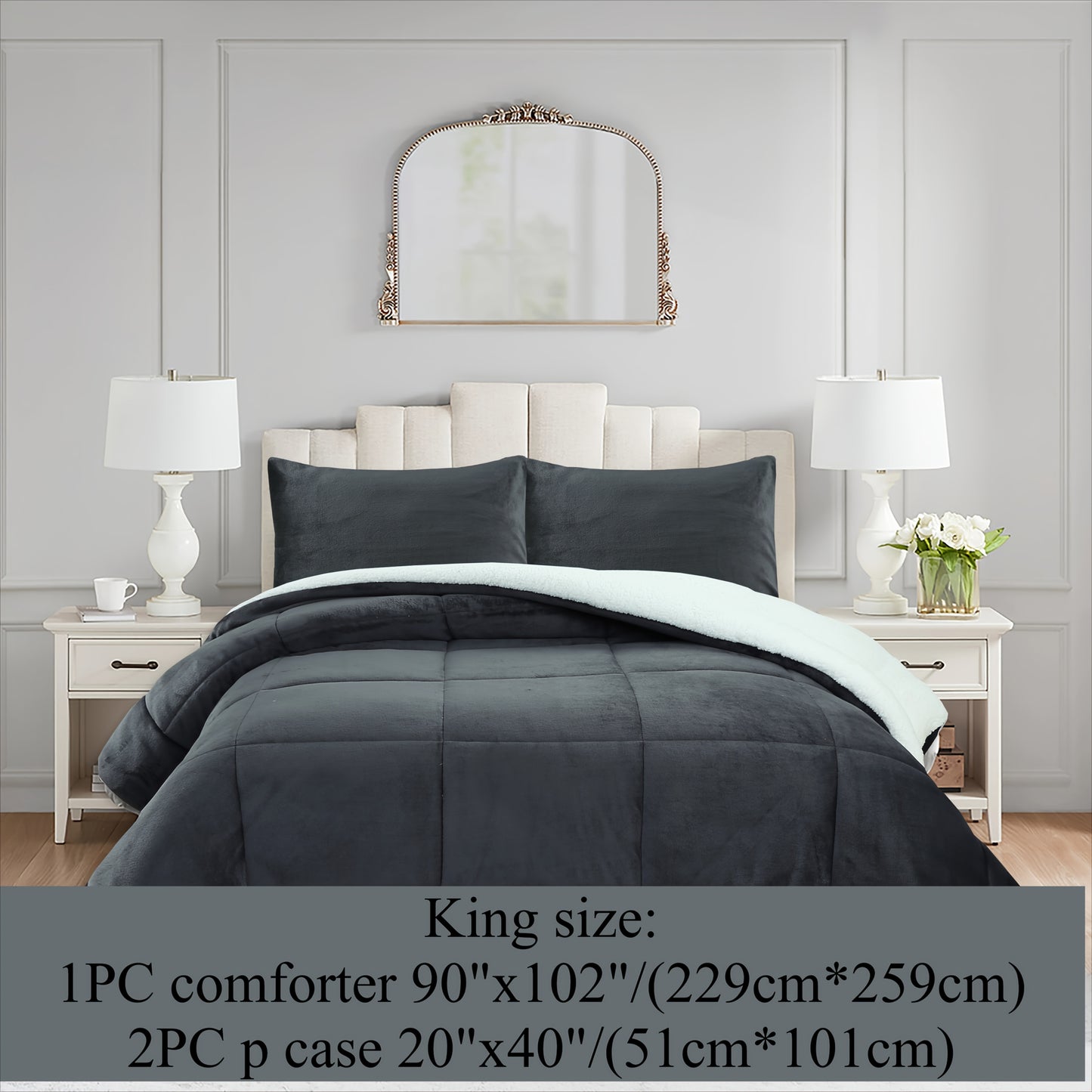 3pcs Ultra Soft Micromink Sherpa Comforter Set, Fluffy Winter Quilt for Cozy Warmth Machine Washable And Plush Reversible Comforter with 2 Pillowcases, Queen/King Size