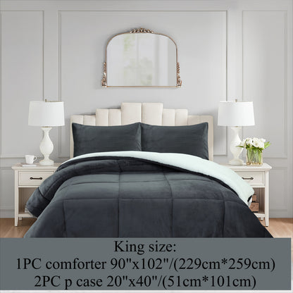 3pcs Ultra Soft Micromink Sherpa Comforter Set, Fluffy Winter Quilt for Cozy Warmth Machine Washable And Plush Reversible Comforter with 2 Pillowcases, Queen/King Size