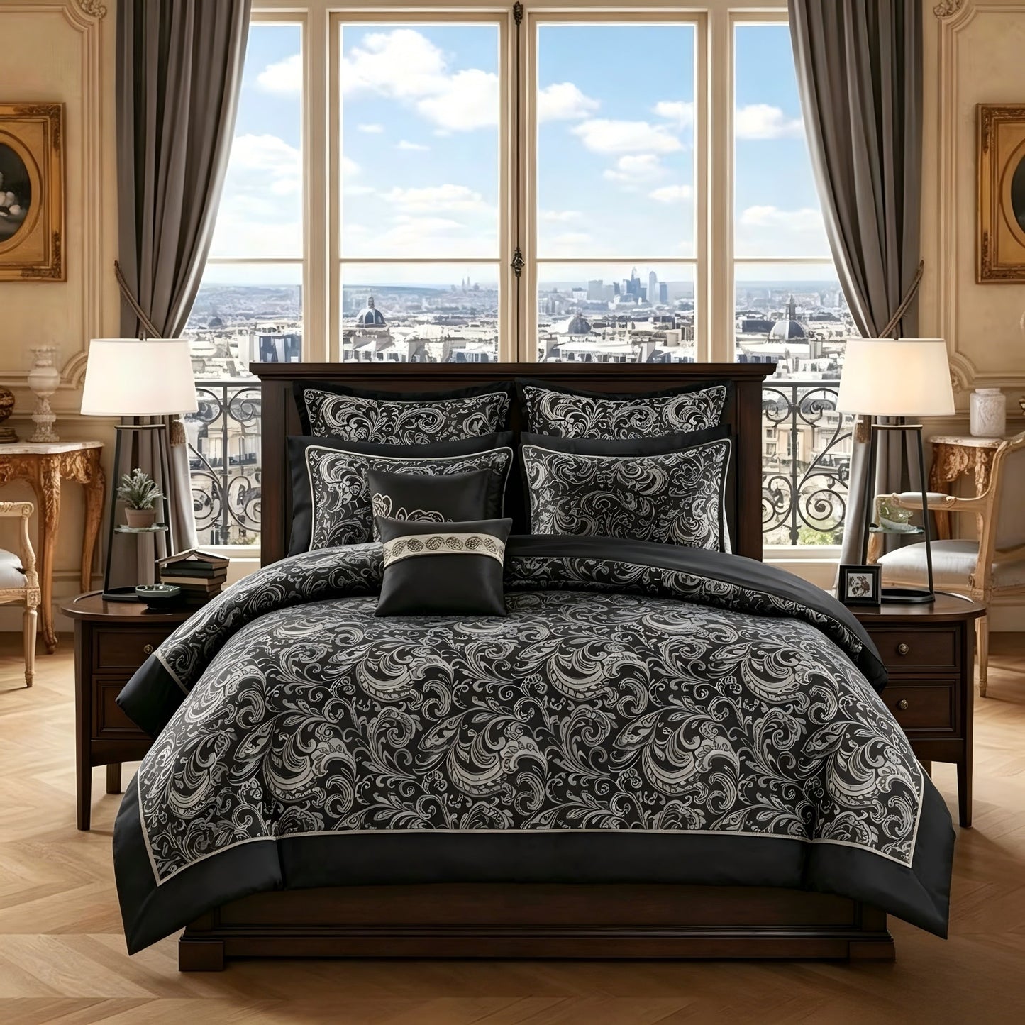 local warehouse 8 Piece Bedding Set with Lustrous Jacquard Paisley Pattern and Matching Bed Sheet, All-Season Down Alternative Comforter Set