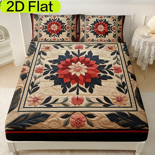 2/3pcs Exquisite Floral 2D Flat Print Fitted Sheet Set, 1 Fitted Sheet + 1/2 Pillowcases (Pillow Inserts Not Included), HD Printed Bed Sheets for Home and Dormitory, 2D Flat
