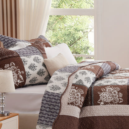 3pcs Quilt Set Full Queen King And California King Size - Brown Reversible Bedspread Coverlet with 2 Pillow Shams - Lightweight Oversized Bed Cover - Soft Warm Bedding Set for All Seasons
