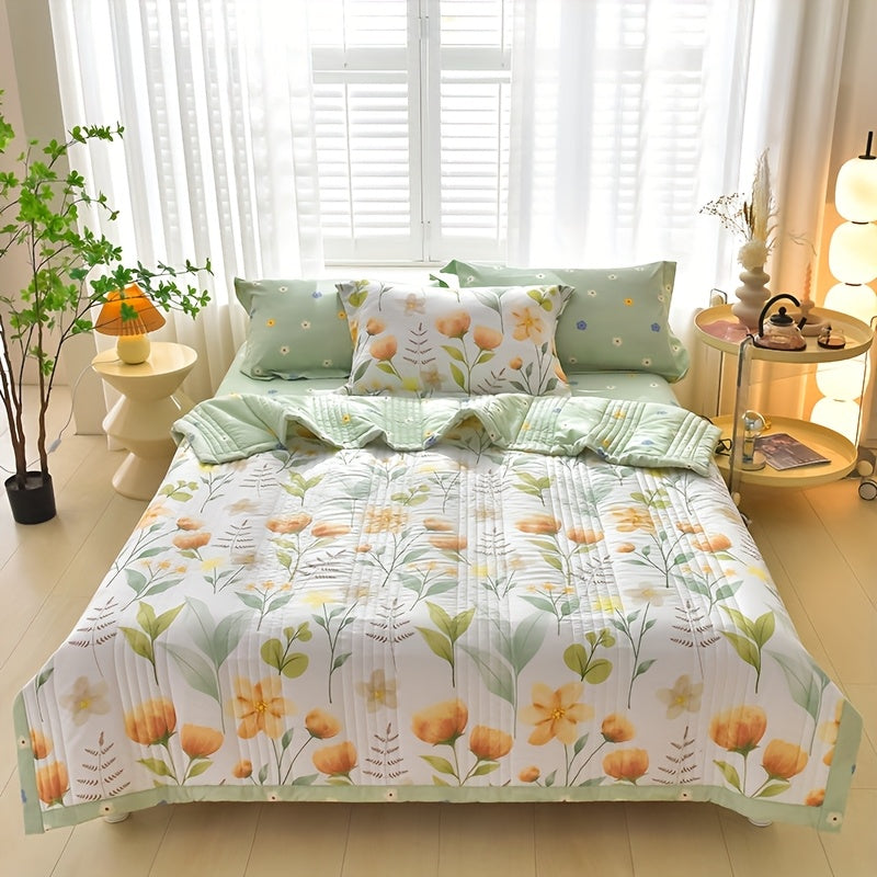 1pc Lightweight & Breathable Cooling Comforter, Contemporary Floral Checkered Pattern Cooling Blanket, Machine Washable Summer Blanket for Bedroom, Dorm, Hotels, Camping & Home Decor