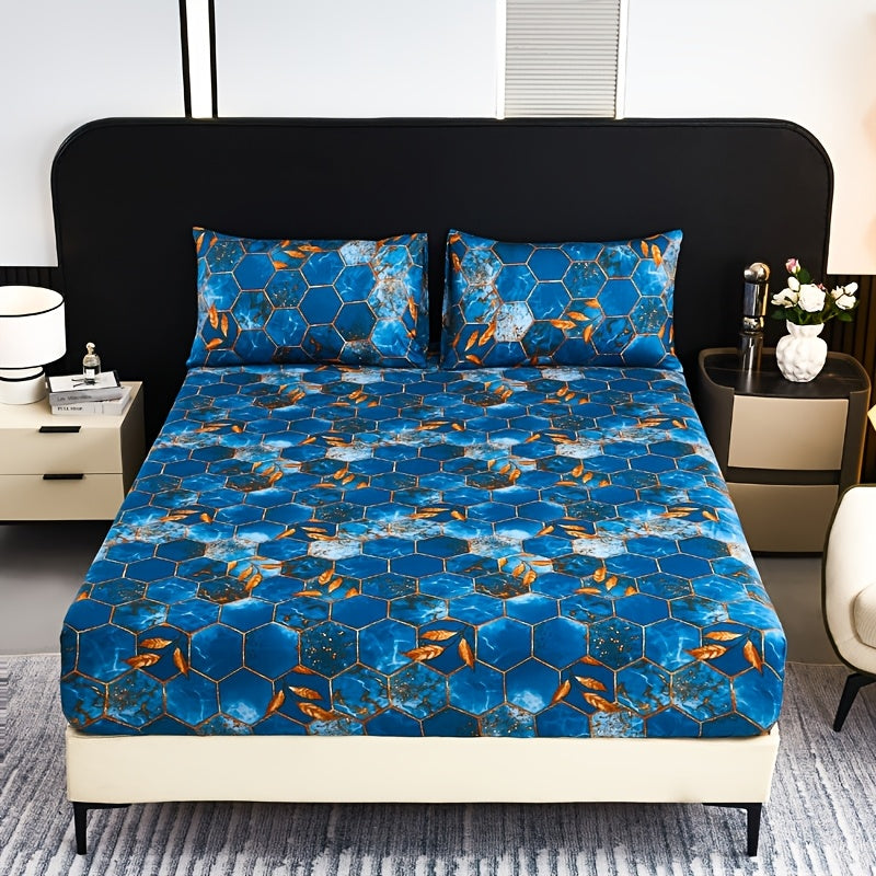 Ocean-Themed Geometric Grid Pattern Printed Fitted Sheet Set, Featuring High-End 3D Pattern Dyeing, Soft And Skin-Friendly, Stylish Designs, Available in Various Colors, Machine Washable