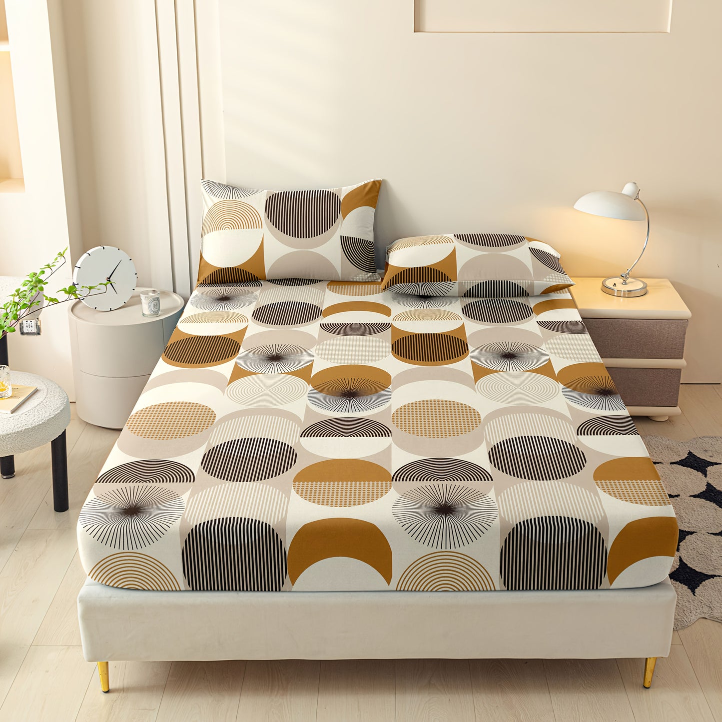 [Soft Comfortable] 3pcs Soft Comfortable Geometric Fitted Sheet Set | All-Season Mattress Protector, Fashionable Classic Deep Pocket Breathable Bedding Set, Bedroom Guest Room Decoration (1 Fitted Sheet + 2 Pillowcases, No Filler)