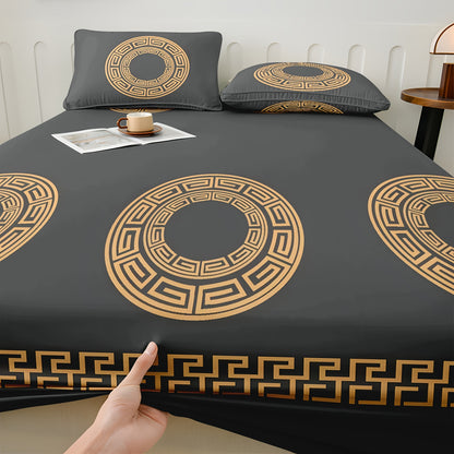 Premium Black Golden Geometric Polyester Fitted Bed Sheet One-Piece Cover for Twin Queen King Sizes - Plush Touch Luxury Bed Skirt with Modern Circular Design, Wrinkle-Free & Smooth Texture (Pillowcases Excluded)