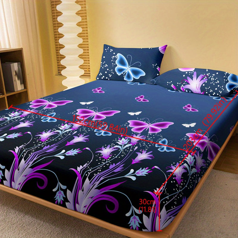 1pc Brushed Fitted Sheet, Soft Comfortable Butterfly Floral Print Bedding Fitted Sheet, for Bedroom, Guest Room, with Deep Pocket, Fitted Bed Sheet solely, Without Pillowcase