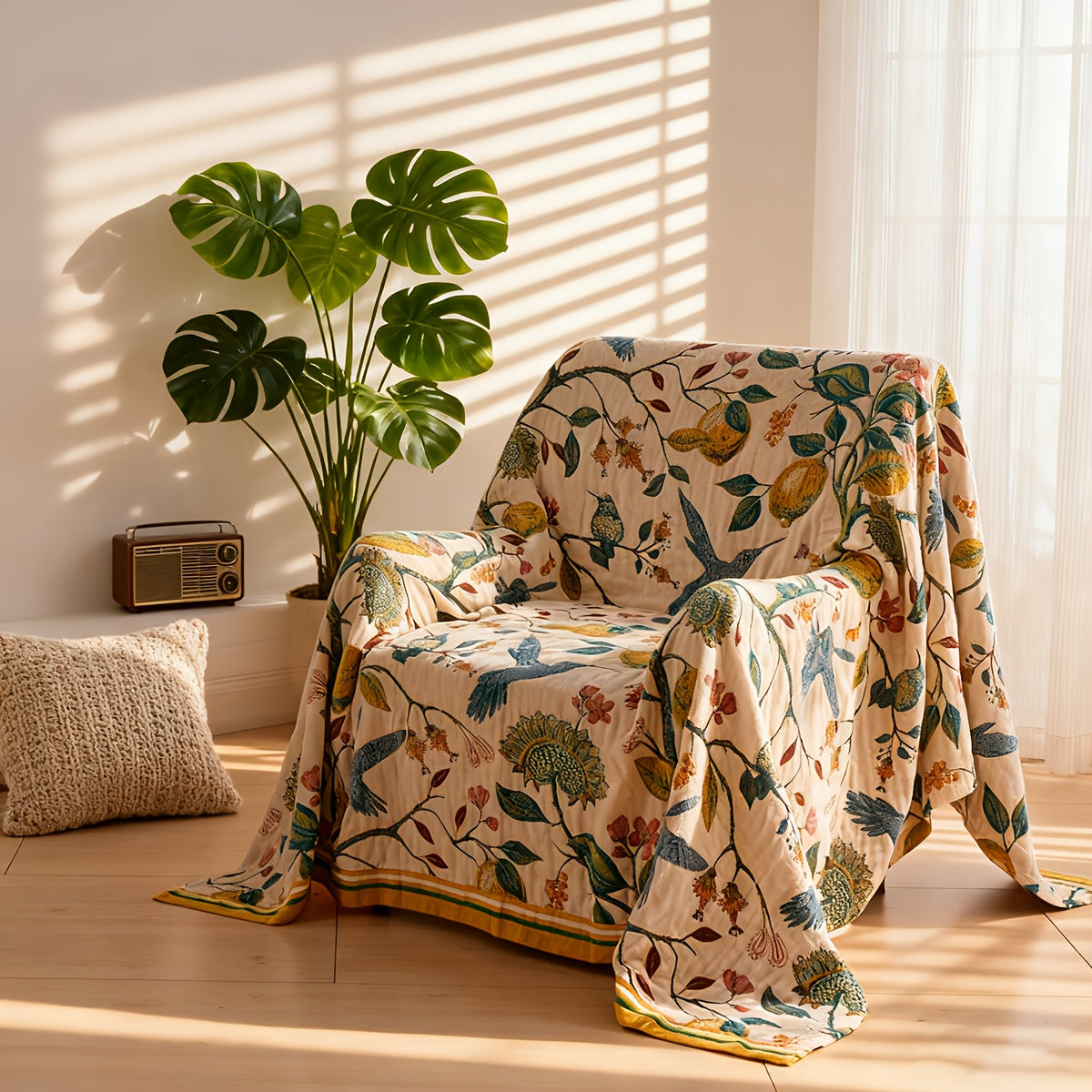 Boho Throw Blanket, 100% Cotton Soft Luxury Throw Rustic Quilt, Floral Printed Farmhouse Decor Bed Summer Blankets, All Season Rustic Reversible Bohemian Throw for Bed - Lemon