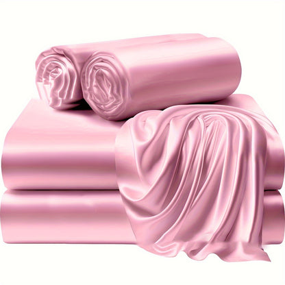 4pcs 100% Polyester 80G Satin Fitted Sheet Set [1 Fitted Sheet + 1 Flat Sheet + 2 Pillowcases (Without Inserts)] Soft Fabric Bedroom All-Season Versatile Style No Shrinkage No Pilling Machine Washable Light Luxury High-End Fitted Sheet Student Dormi