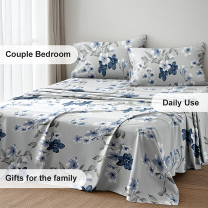 4pcs Blue Floral Botanical Bed Sheet Set, Deep Pocket Fitted Sheet, Soft Microfiber Bedding, Hotel Grade Skin-Friendly, Wrinkle & Shrink Resistant, Breathable & Cooling, Optional Sizes: 3pcs for Twin/ 4pcs for Full, Queen, King Sizes