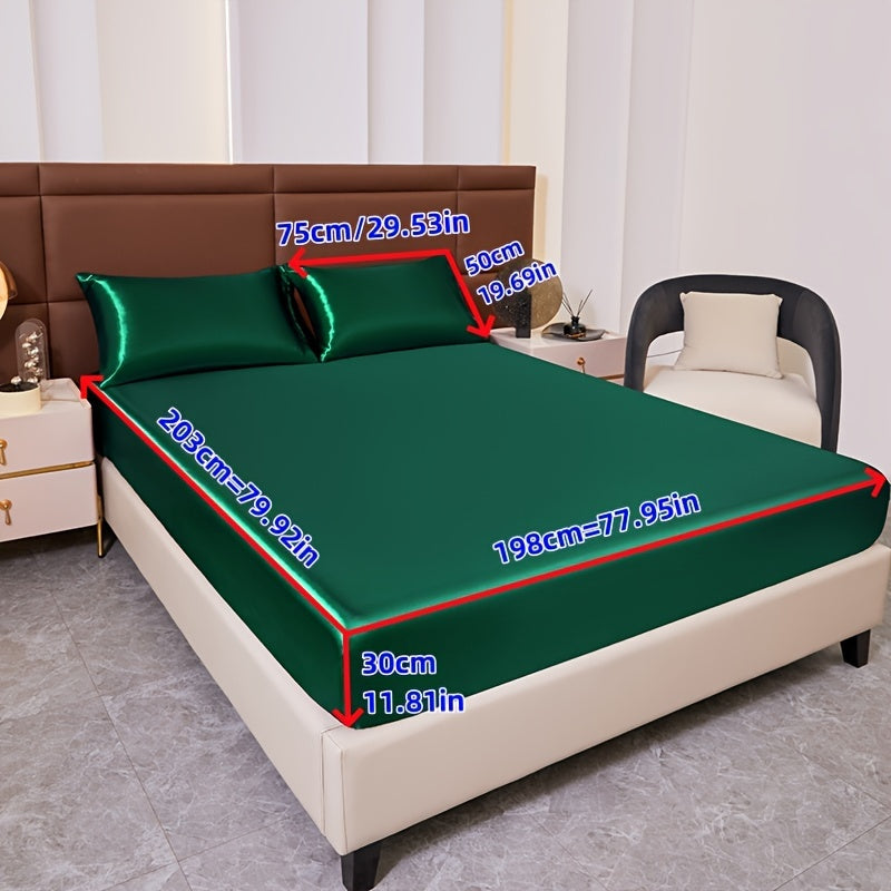 3pcs Cool But Not Icy Fresh Soft Smooth - Solid Color Satin 1pc Fitted Sheet And 1 Pair Pillowcases