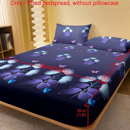 1pc Brushed Fitted Sheet, Soft Comfortable Butterfly Floral Print Bedding Fitted Sheet, for Bedroom, Guest Room, with Deep Pocket, Fitted Bed Sheet solely, Without Pillowcase