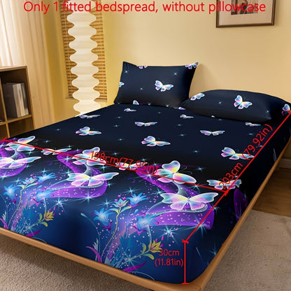 1pc Brushed Fitted Sheet, Soft Comfortable Butterfly Floral Print Bedding Fitted Sheet, for Bedroom, Guest Room, with Deep Pocket, Fitted Bed Sheet solely, Without Pillowcase
