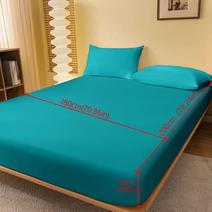 1pc Lake Blue Matte Fitted Sheet | Polyester Bed Cover for Bedroom, Machine Washable, Fabric