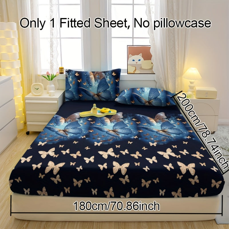 1pc Golden-Infused Blue Butterfly Pattern Printed Brushed Fitted Sheet, Printed Bedspread, Mattress Cover, Mattress Protector, Protective Cover for Bedding, Pillowcases Not Included
