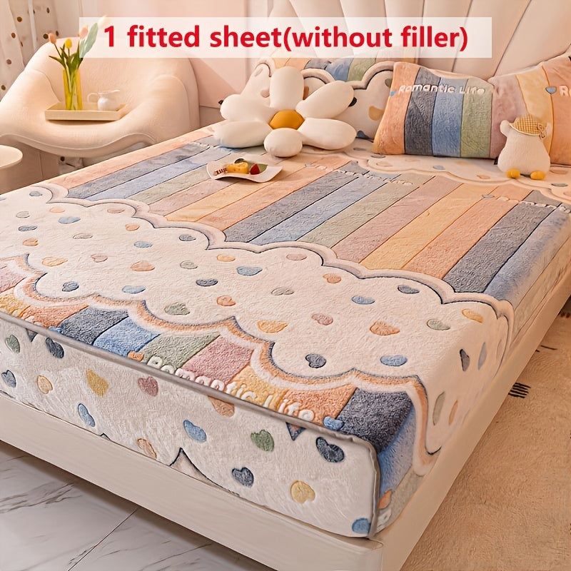 1 Thickened Soft Breathable Flannel Printed Fitted Sheet, Warm to the Touch with Moisture-Wicking and Wrinkle-Resistant Cover for Easy Removal, Suitable for All Seasons, 180g per Square Meter