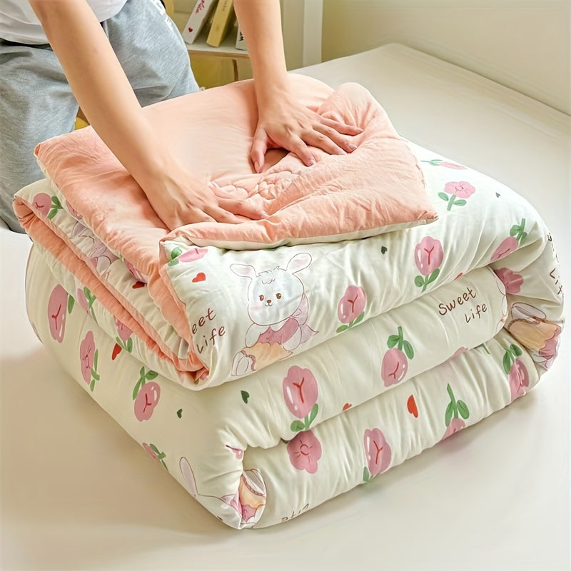 1pc Pink Rose Flower, Solid Color Ultra-Soft Velvet, High-Elastic Filling, Suitable for Autumn Winter Bedroom, Guest Room, Balcony, Office, Travel, Gift Use - Thick Quilt