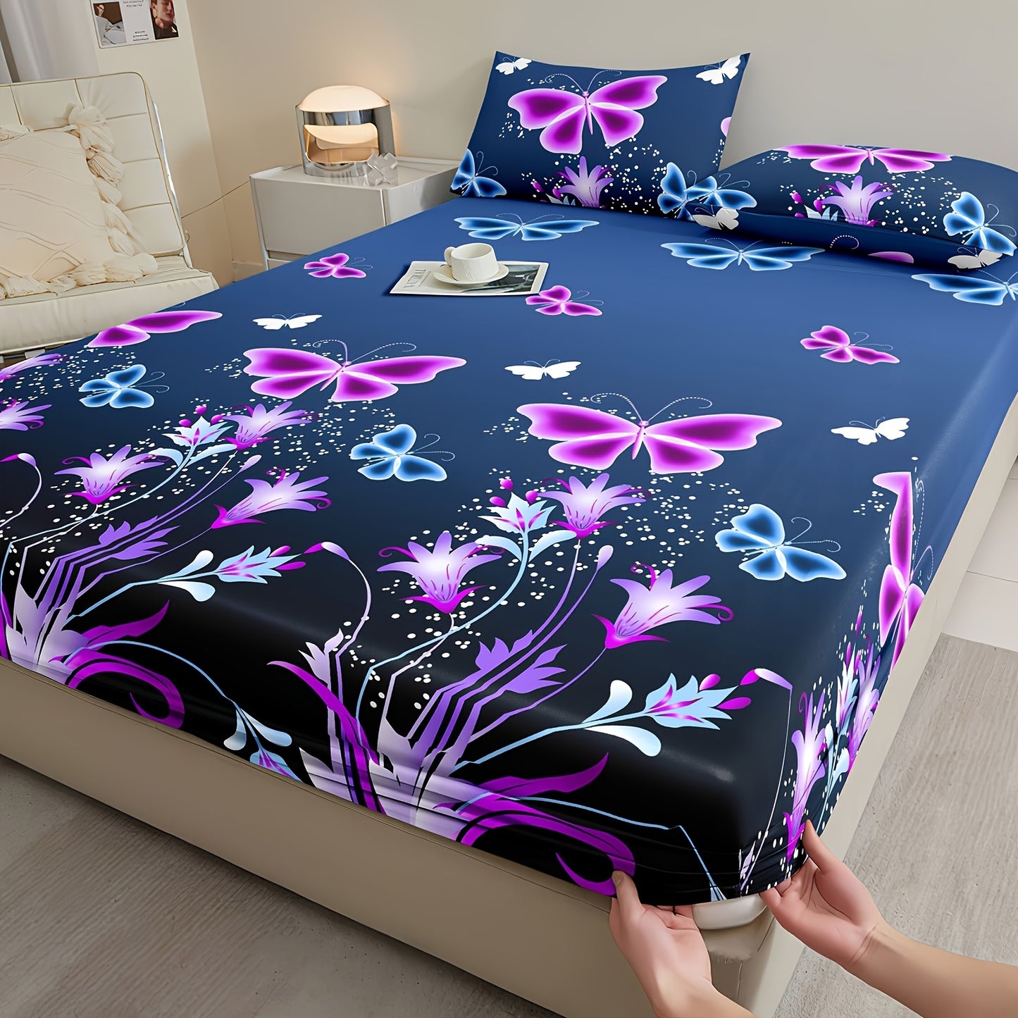 3pcs Fitted Sheet Set: 1 Fitted Sheet + 2 Pillowcases, No Insert, Butterfly and Botanical Print Bedding, Soft and Comfortable Fitted Sheet, Suitable for Bedrooms and Guest Rooms
