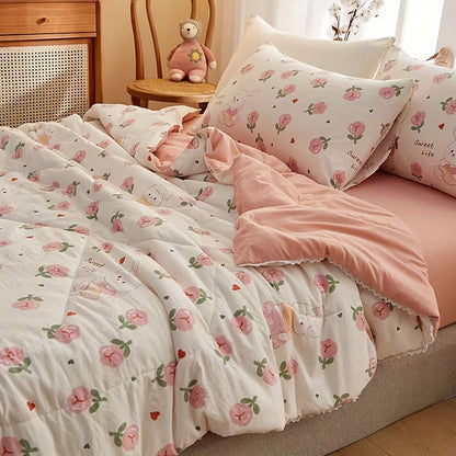 1pc Cute Rabbit & Rose Bedspread - Summer Quilt with Tassel Lace Edges, Super Soft Washed Fabric, Charming Rabbit & Floral Design, Machine Washable Thin Bed Cover for Room,, or Cozy Bedding Accent - Easy Care & Durable