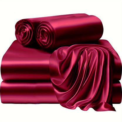 4pcs 100% Polyester 80G Satin Fitted Sheet Set [1 Fitted Sheet + 1 Flat Sheet + 2 Pillowcases (Without Inserts)] Soft Fabric Bedroom All-Season Versatile Style No Shrinkage No Pilling Machine Washable Light Luxury High-End Fitted Sheet Student Dormi