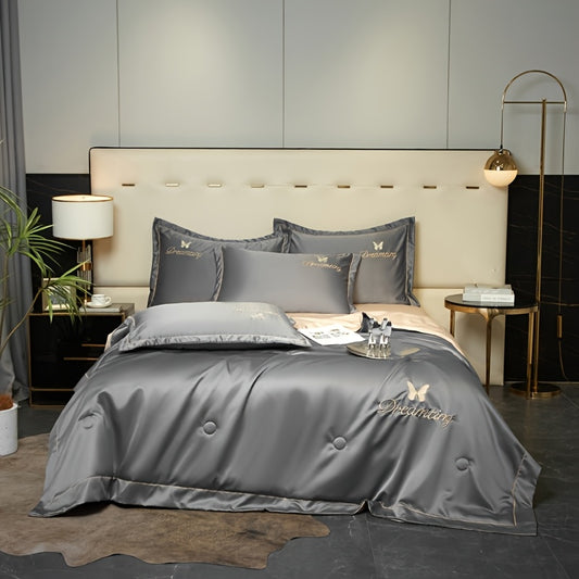1pc Luxury Embroidered Satin Summer Quilt, Comfortable and Soft, Skin-friendly, Machine Washable, Suitable for Bedroom and Guest Room, Without Pillows