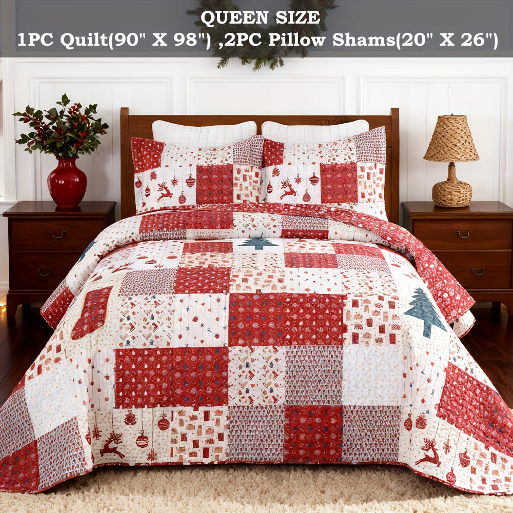 3pcs Queen/King Size Christmas Quilt Set with Bedspread, Comforter & Throw Blanket - Rustic Lodge Deer Bedding Ensemble, Quilted Snowman Deer & Snowflake Pattern, Machine Washable Bedspread Coverlet (Queen/King, Fill)