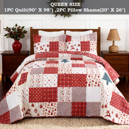 3pcs Queen/King Size Christmas Quilt Set with Bedspread, Comforter & Throw Blanket - Rustic Lodge Deer Bedding Ensemble, Quilted Snowman Deer & Snowflake Pattern, Machine Washable Bedspread Coverlet (Queen/King, Fill)