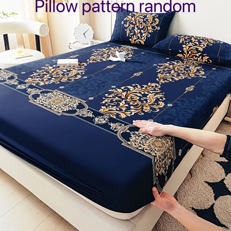 [Soft Skin-Friendly Set] 3pcs Navy Blue Jacquard Fitted Sheet and Pillowcase Polyester Set / 2 Pillowcases / 1 Fitted Sheet / Twin Bed / Full Bed / Queen Bed / King Bed - Soft and Skin-Friendly / Easy to Care for - Snug Fit for Easy Mattress Placement - A
