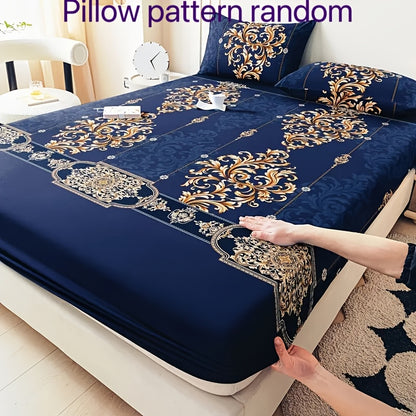 [Soft Skin-Friendly Set] 3pcs Navy Blue Jacquard Fitted Sheet and Pillowcase Polyester Set / 2 Pillowcases / 1 Fitted Sheet / Twin Bed / Full Bed / Queen Bed / King Bed - Soft and Skin-Friendly / Easy to Care for - Snug Fit for Easy Mattress Placement - A