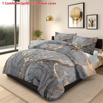 Set of 2 Or 3pcs Featuring a Marble Print Comforter in Gray And Golden, Including 1 Comforter (Quilt) And 1 Or 2 Pillowcases Without The Core, Showcasing a Soft Golden Abstract Wave Design in an Ottoman Style