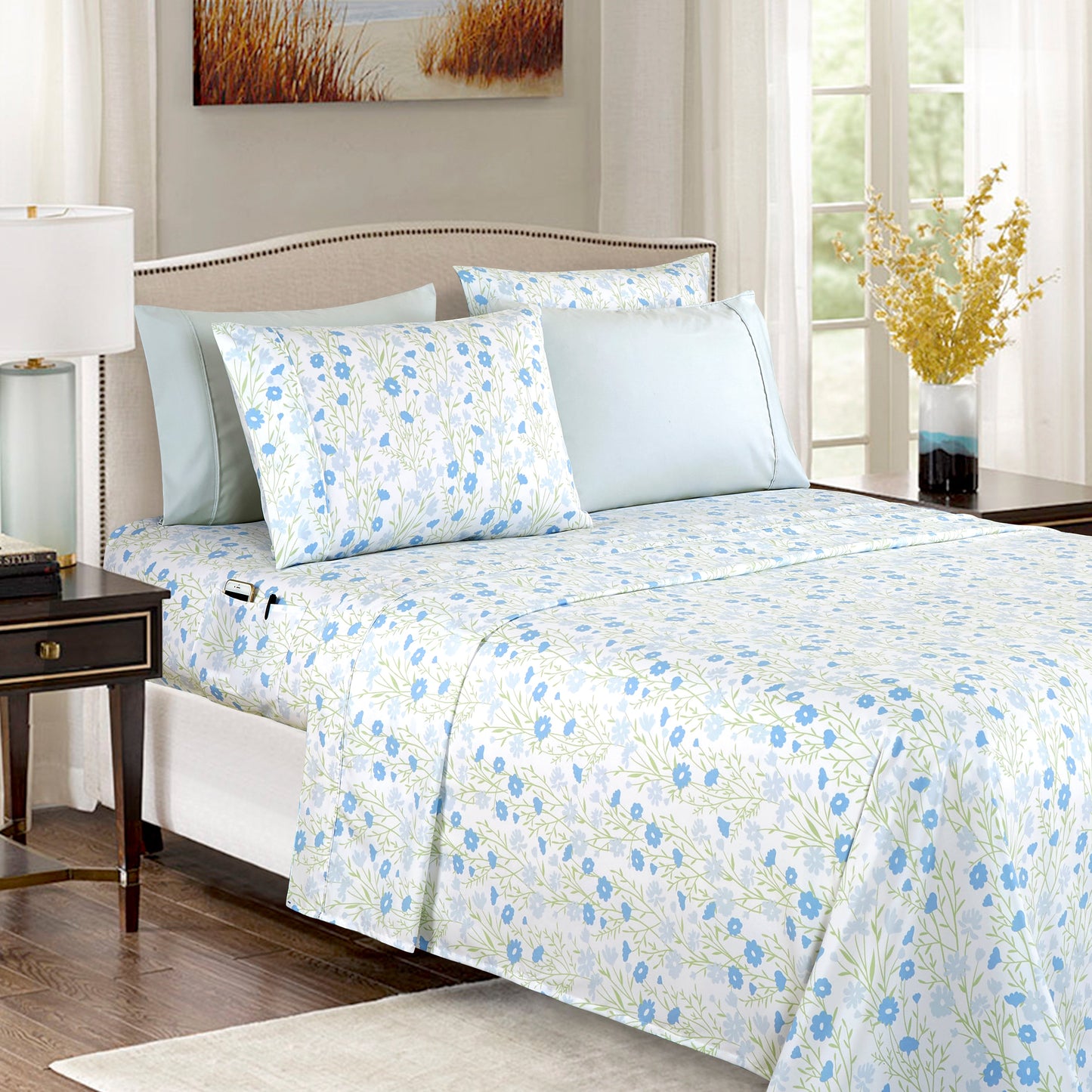 Elegant Comfort Luxury 4/6pcs Floral and Striped Sheet Set 16 inch deep pockets - Ultra Soft Machine Washable Luxury 6-Piece Bed Sheet Set - Fade and Wrinkle Resistant Premium Hotel Quality Twin/Full/Queen/King/Cal King Bedding Set- 6PC Sheets For Daily U