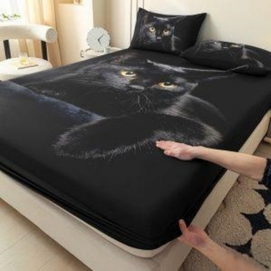 Soft Breathable Microfiber Fitted Sheet - Machine-Washable Easy Care, Deep Pocket Non-Slip Elastic Edge, Black Cat Print Novelty Design, Comfortable for All Seasons, Fits Most Single Bed Mattresses
