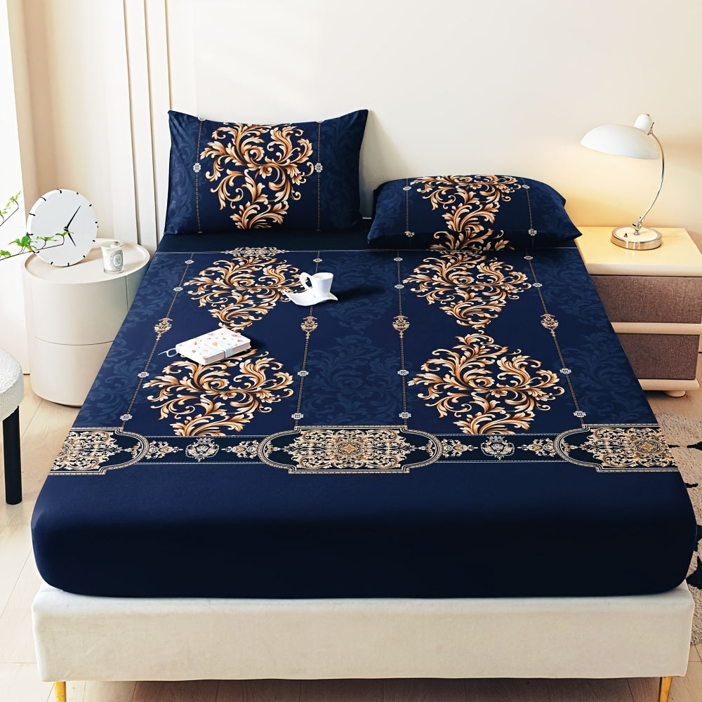 [Soft Skin-Friendly Set] 3pcs Navy Blue Jacquard Fitted Sheet and Pillowcase Polyester Set / 2 Pillowcases / 1 Fitted Sheet / Twin Bed / Full Bed / Queen Bed / King Bed - Soft and Skin-Friendly / Easy to Care for - Snug Fit for Easy Mattress Placement - A