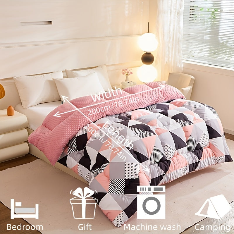 1pc Pink and Black Geometric Triangle Floral Pattern, Skin-Friendly Pea Coat Lining, High-Rebound Filling, Suitable for Autumn/Winter Use in Bedrooms, Guest Rooms, Offices, Travel, and as a Gift - Thick Quilt